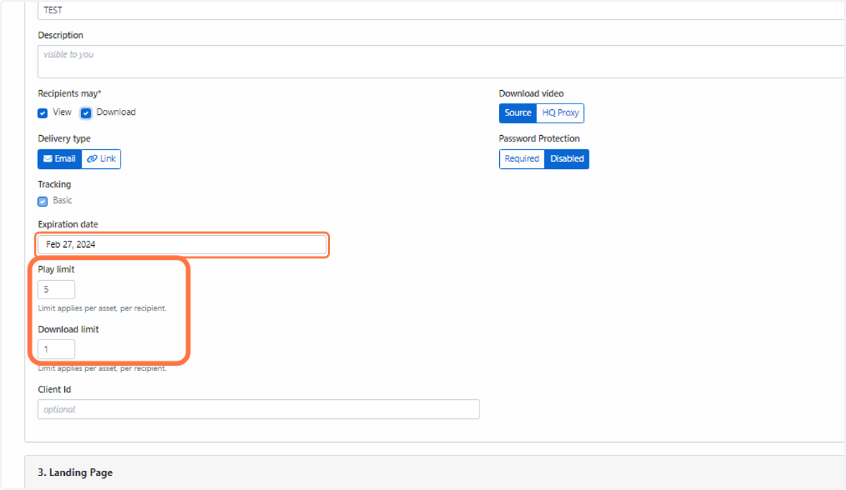 You have the ability to choose how long recipients can access the content. Simply select a date in the Expiration date section. You can also set a play and download limit on your files