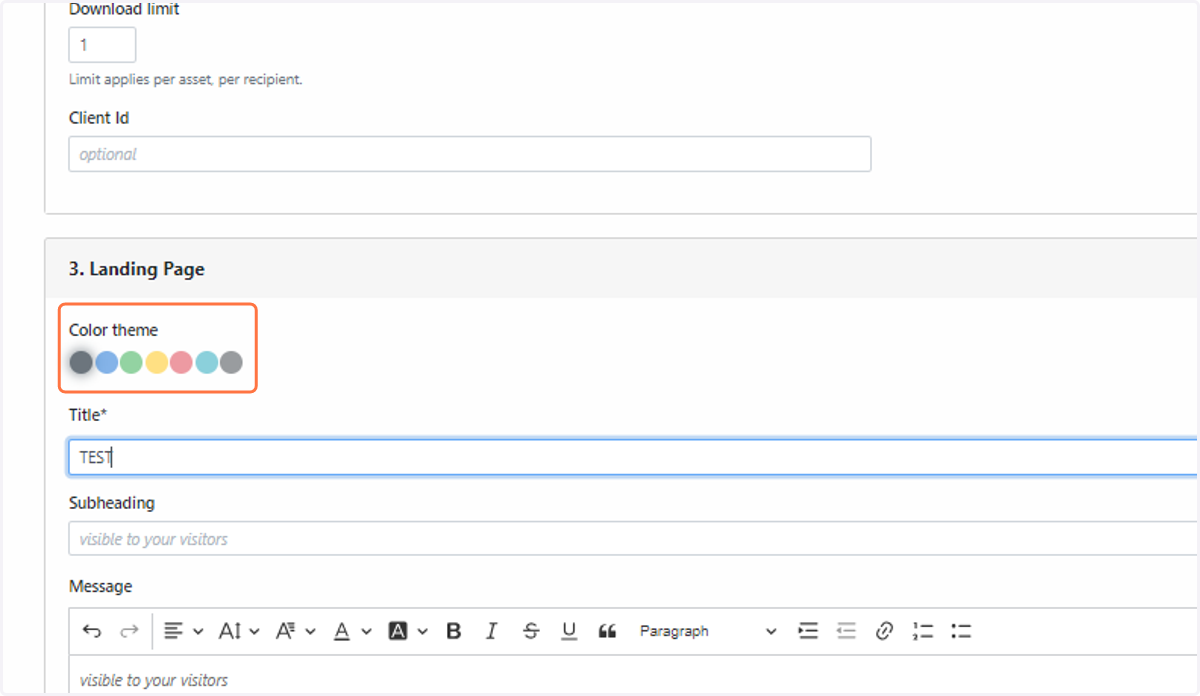 You can also select the colour themes and text on your landing and email pages