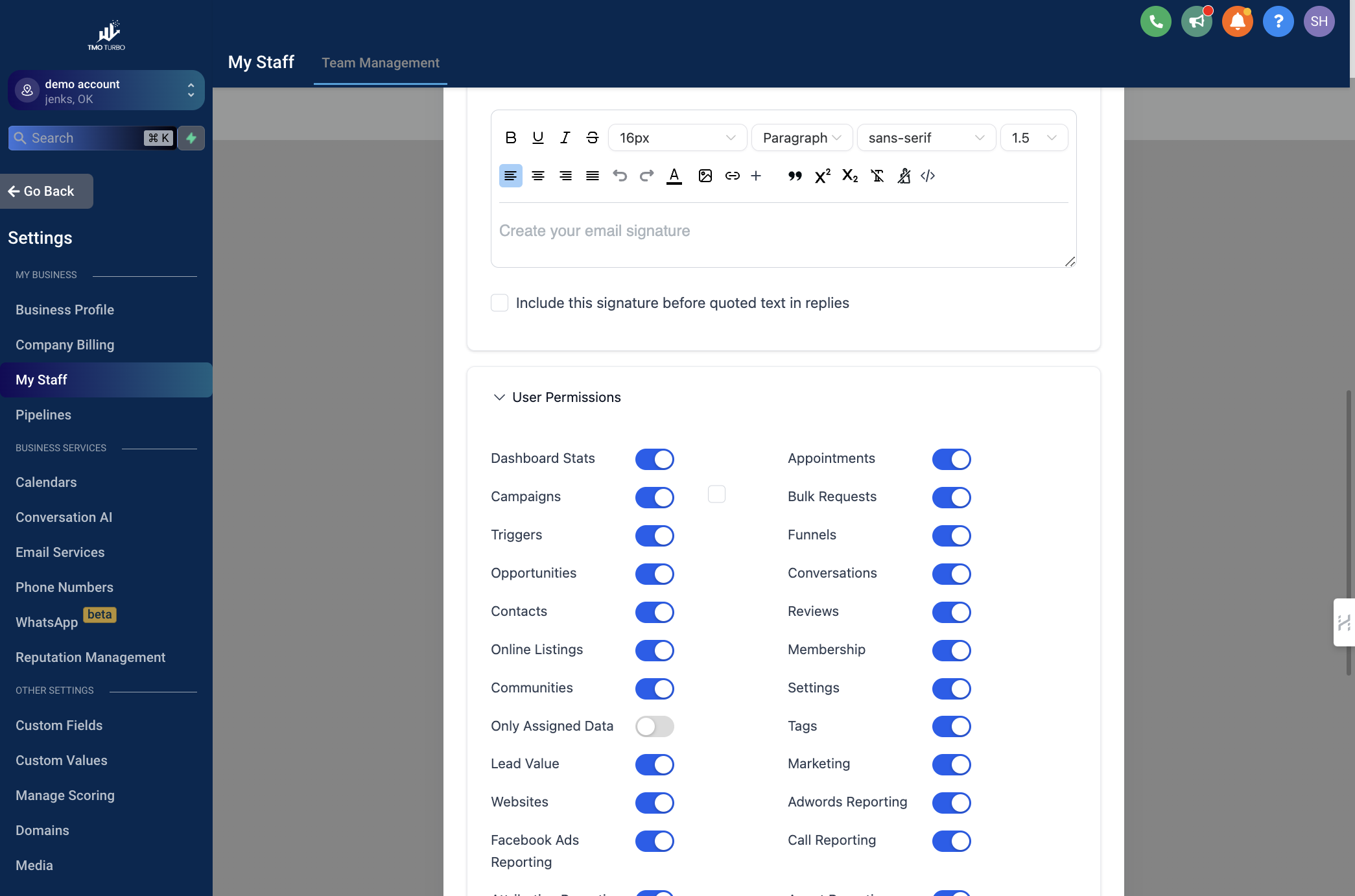 Click User Permissions and set what you want them to see or have access to.