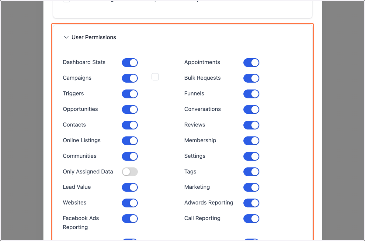 Click User Permissions and set what you want them to see or have access to.