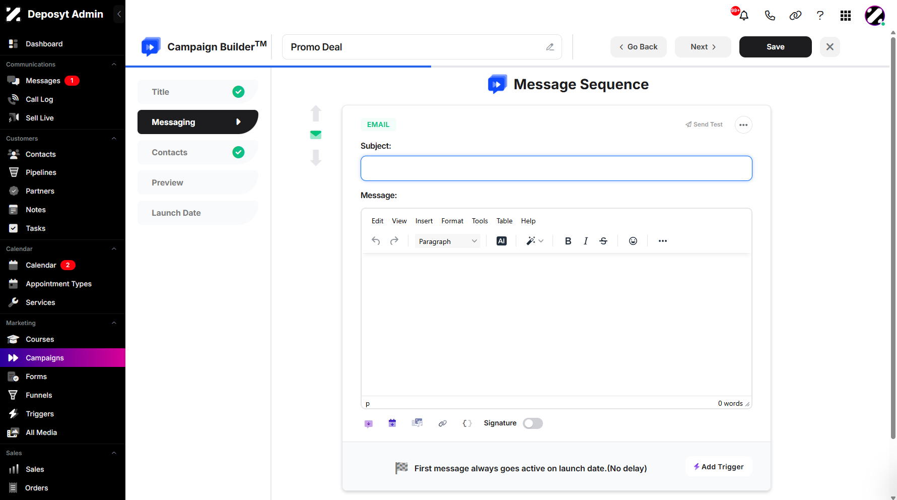 Step 8: Once selected, the email canvas opens where you can compose your email.