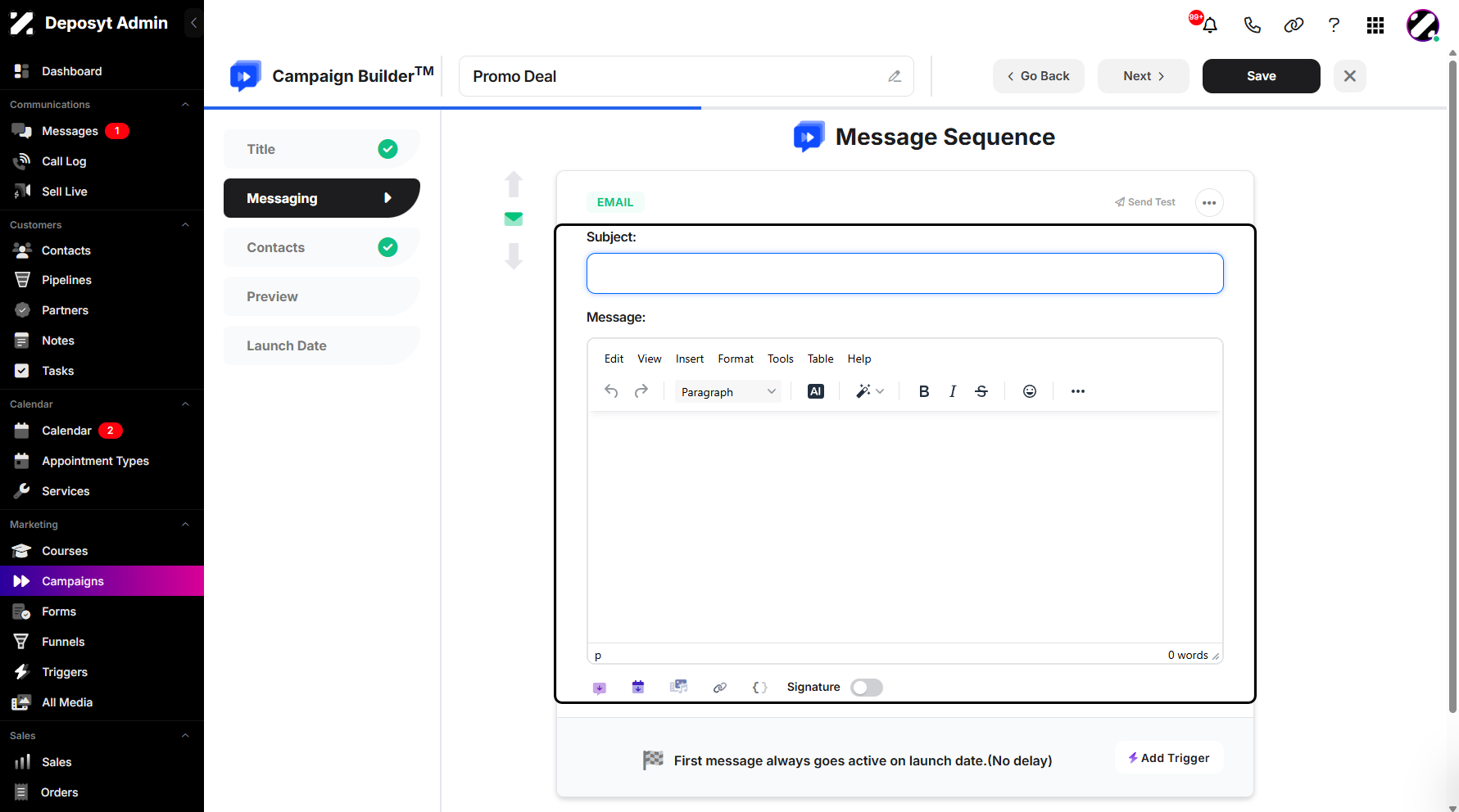 Step 8: Once selected, the email canvas opens where you can compose your email.