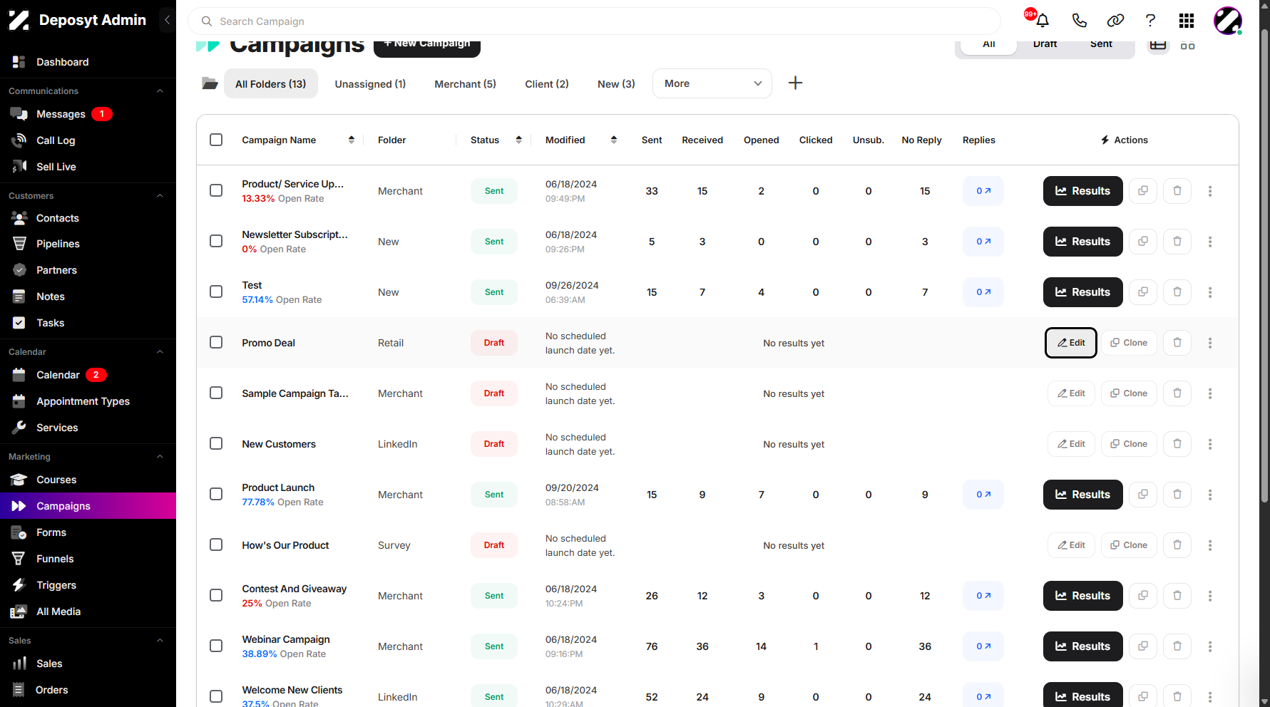 Step 3: Select a draft campaign, then click Edit.