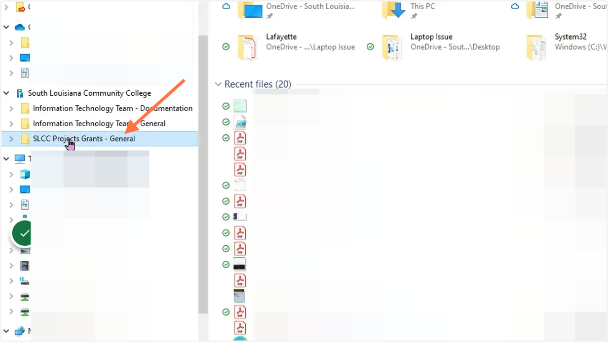 In file explorer under South Louisiana community college (building icon), you'll see your team files that you synced have been added