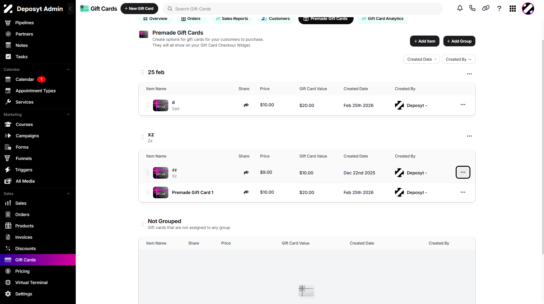 Step 5: Scroll down and click the selected gift card’s three-dot menu.
