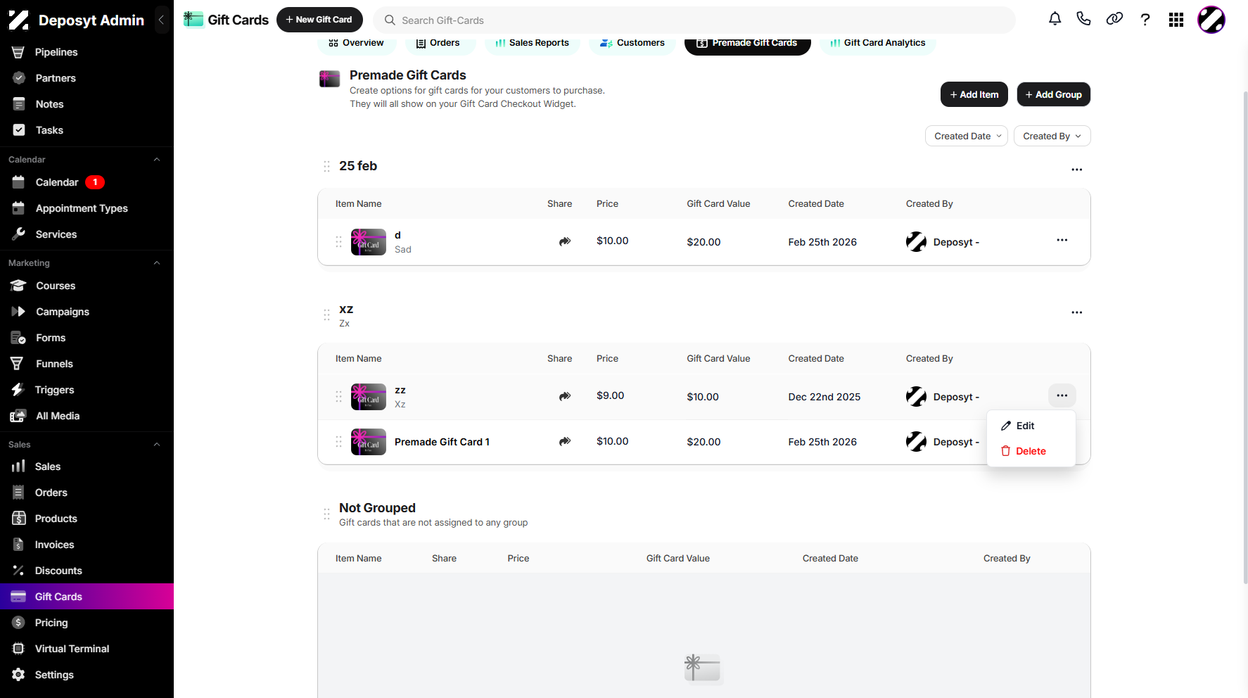 Step 6: Once clicked, a pop-up window will appear, allowing you to edit or delete the selected gift card.