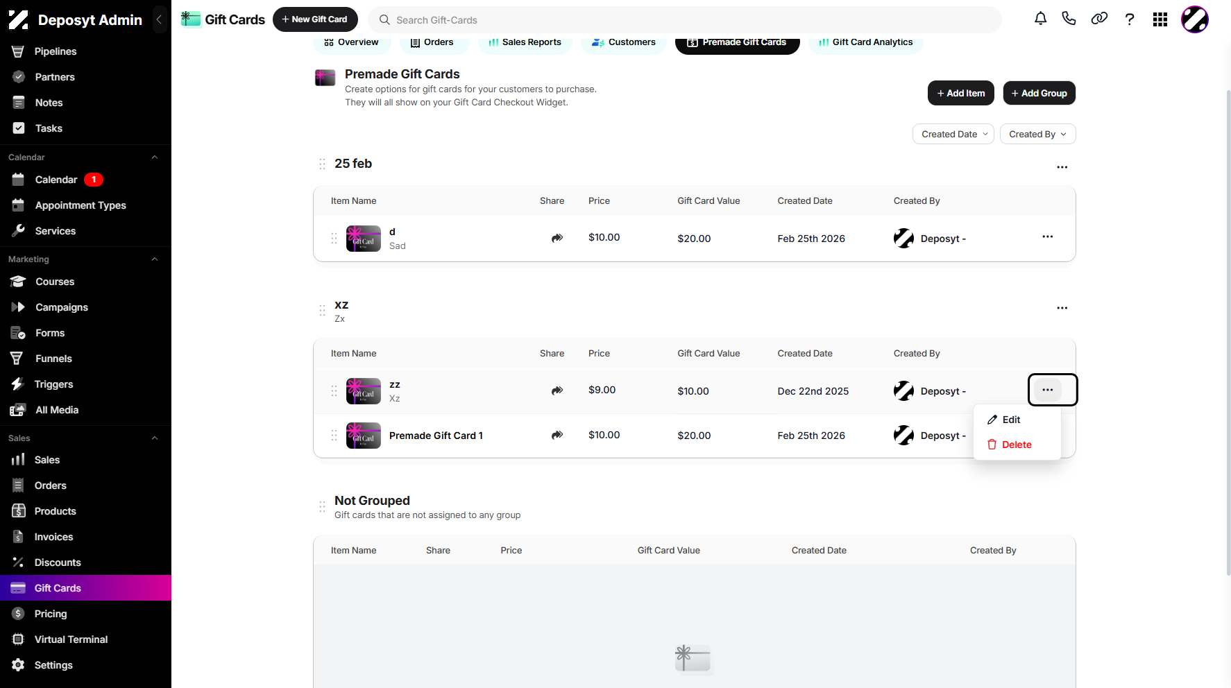 Step 6: Once clicked, a pop-up window will appear, allowing you to edit or delete the selected gift card.
