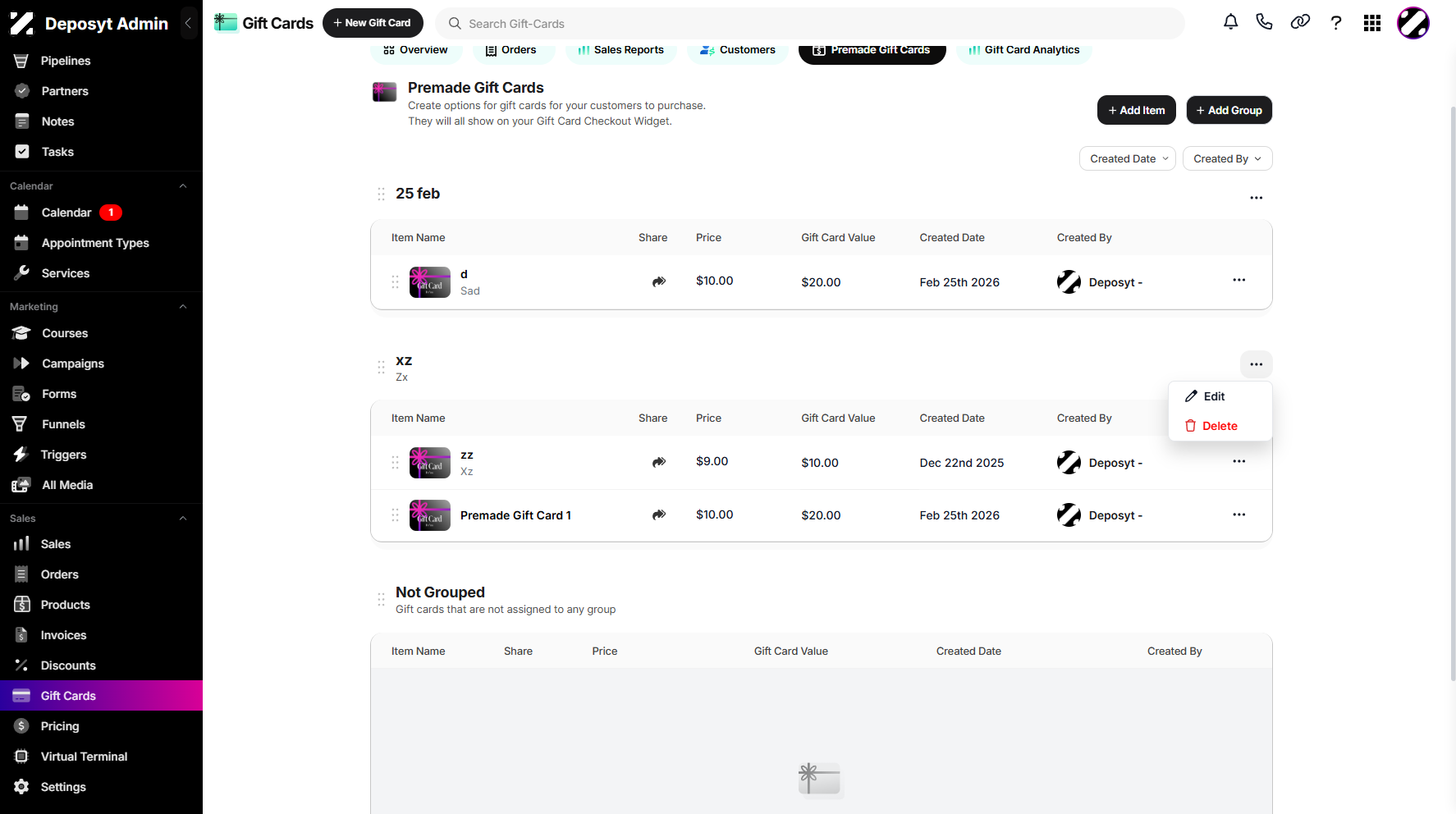 Step 7: You can also perform the same actions for a gift card group. You can edit the entire group or delete it at once.
