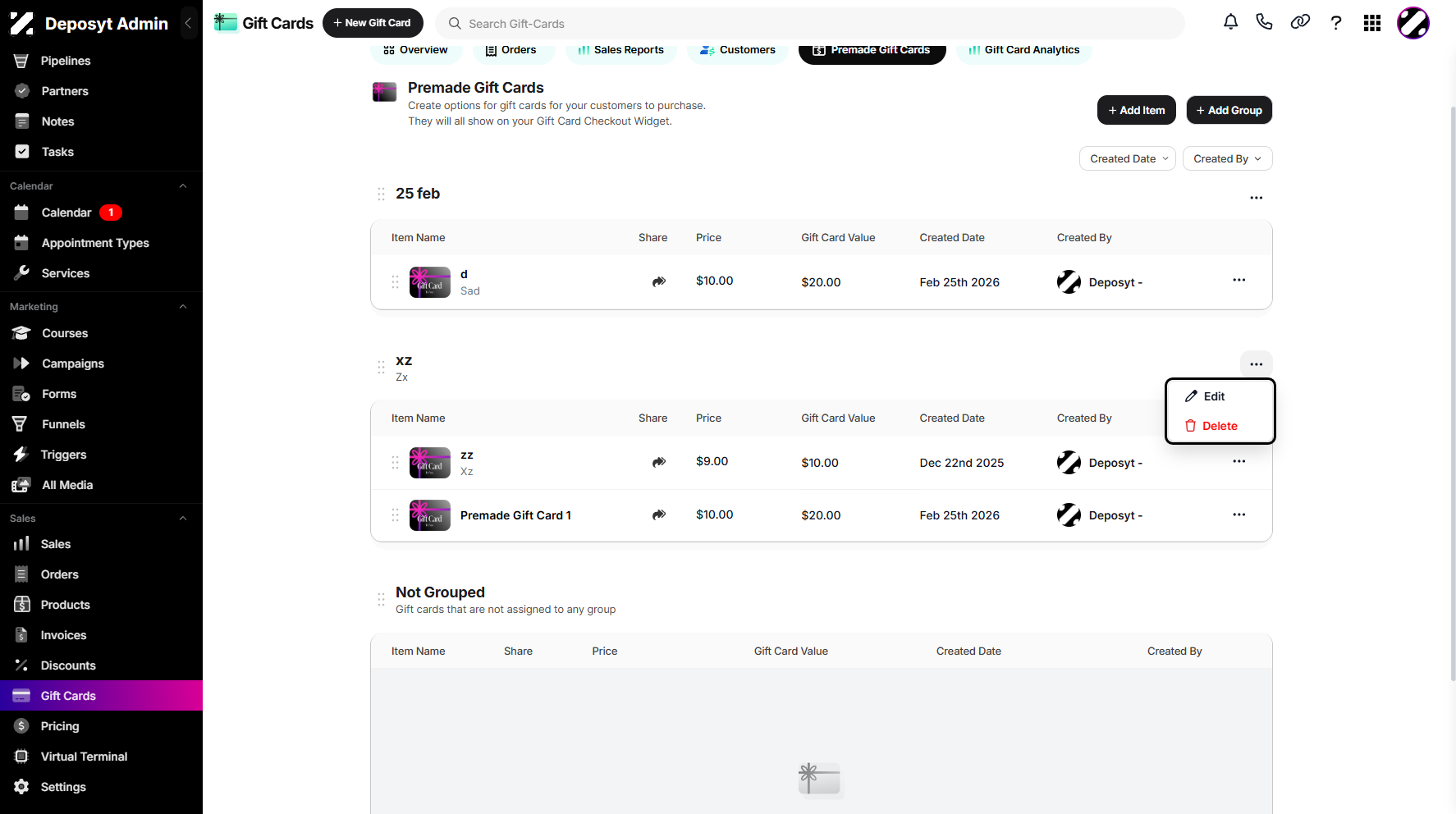 Step 7: You can also perform the same actions for a gift card group. You can edit the entire group or delete it at once.