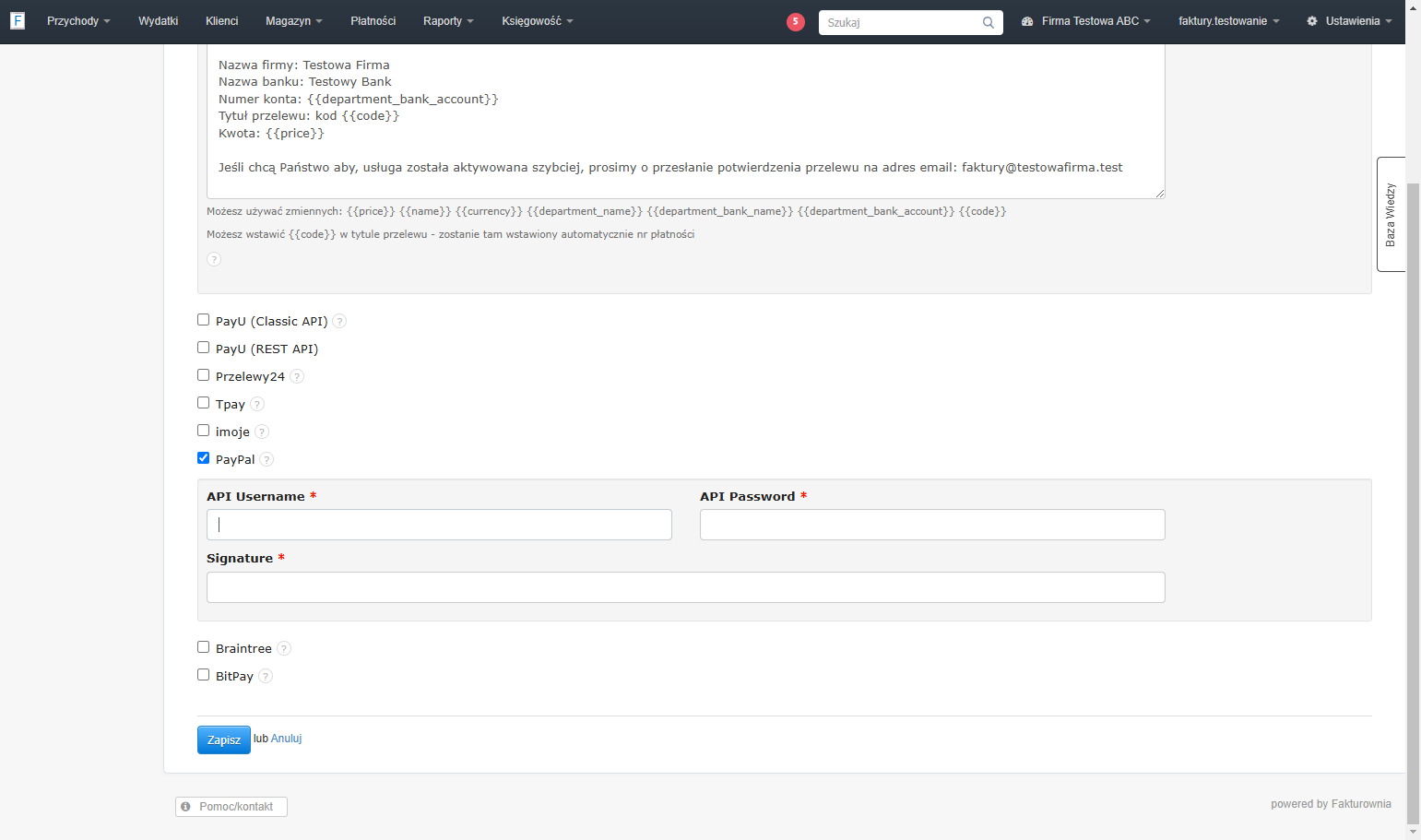 Uzupełnij wymagane dane takie jak API Username, Password i Signature. Dane te znajdziesz na swoim koncie w PayPal.