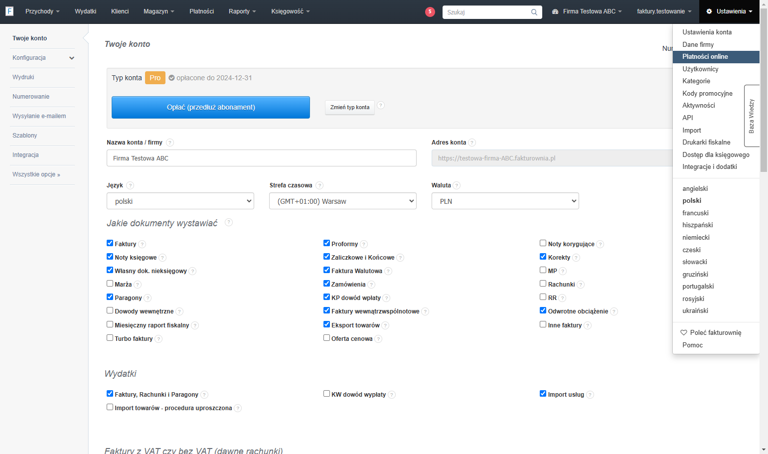 Teraz z listy wybierz opcję 'Płatności online'.