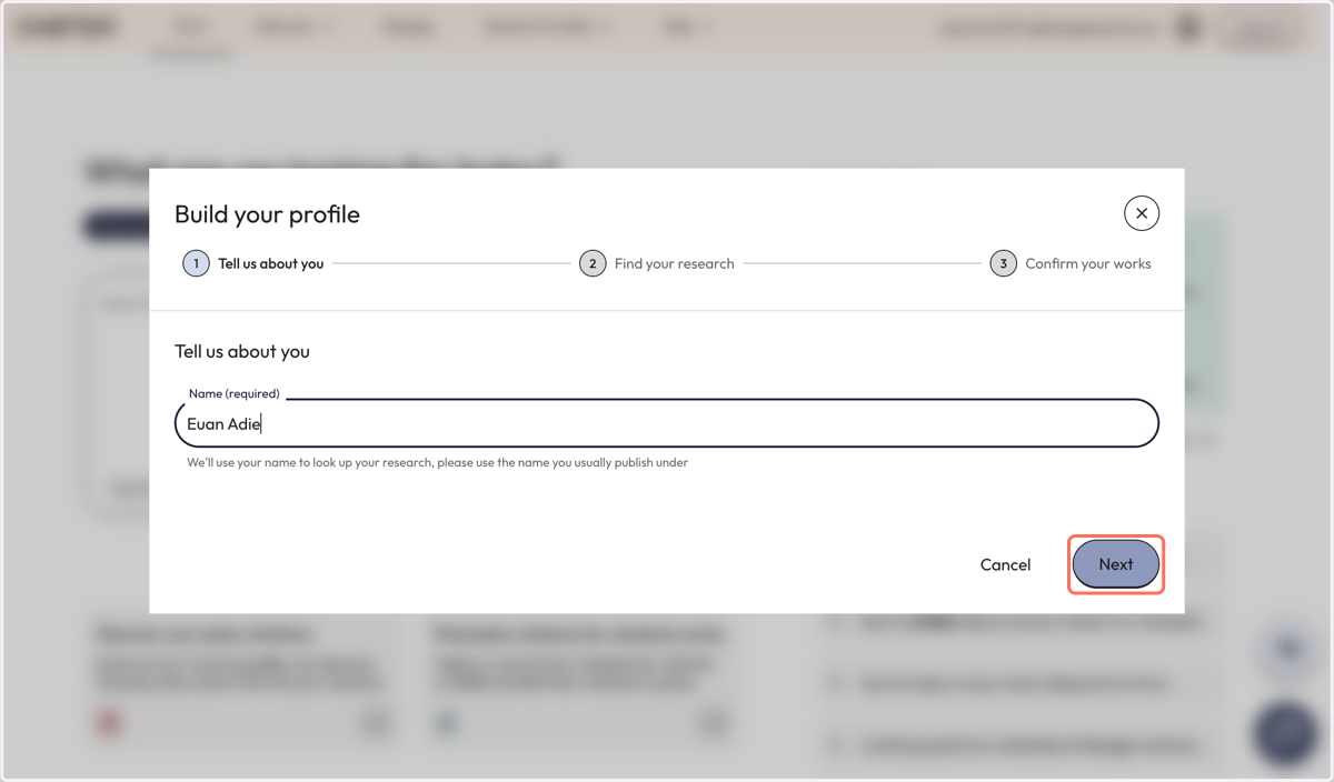 Click 'Next' to run the name search and view profile matches.