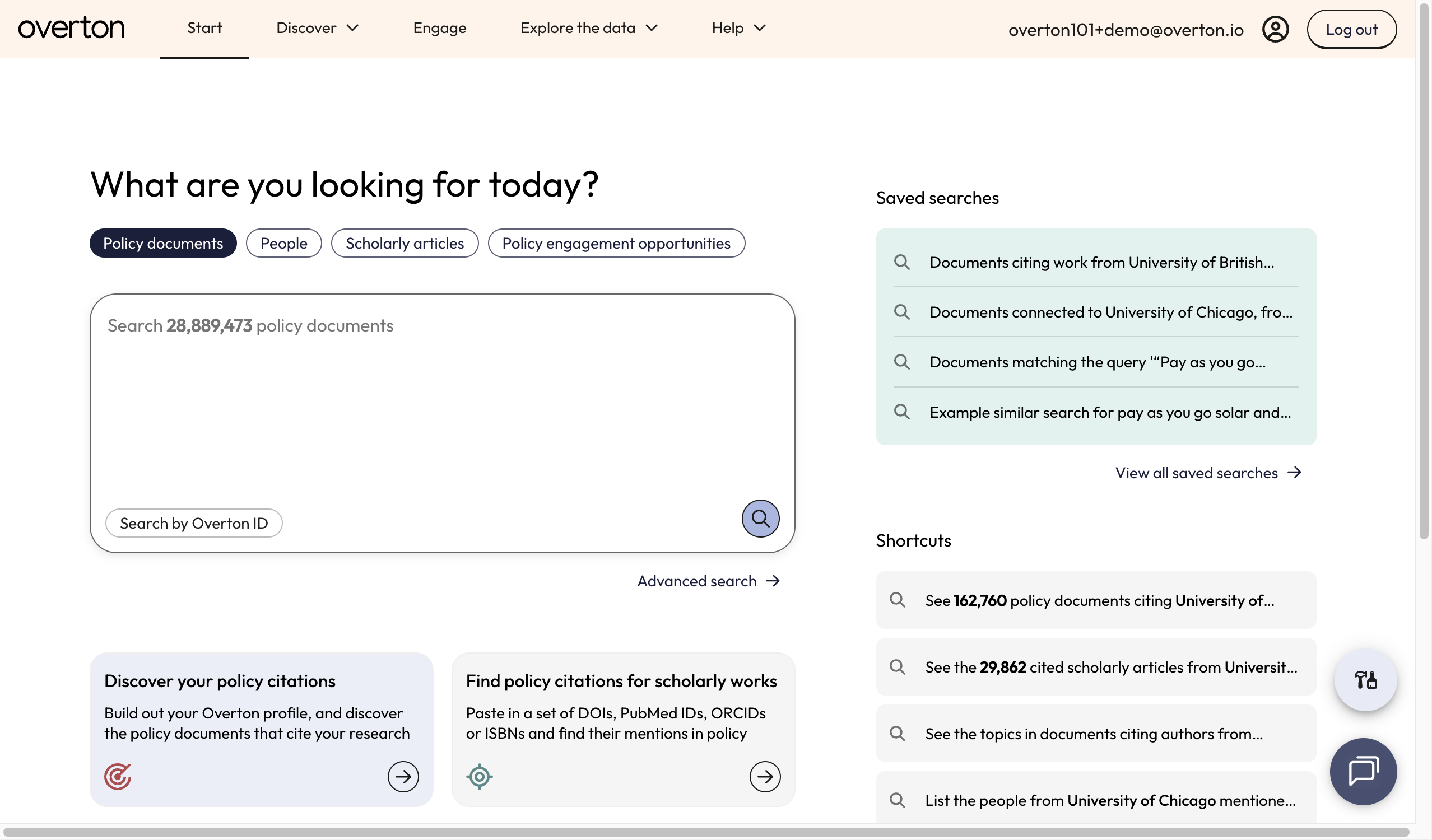 From the 'Start page', click on 'Discover your policy citations' to build your Overton profile and find policy documents citing your work.
