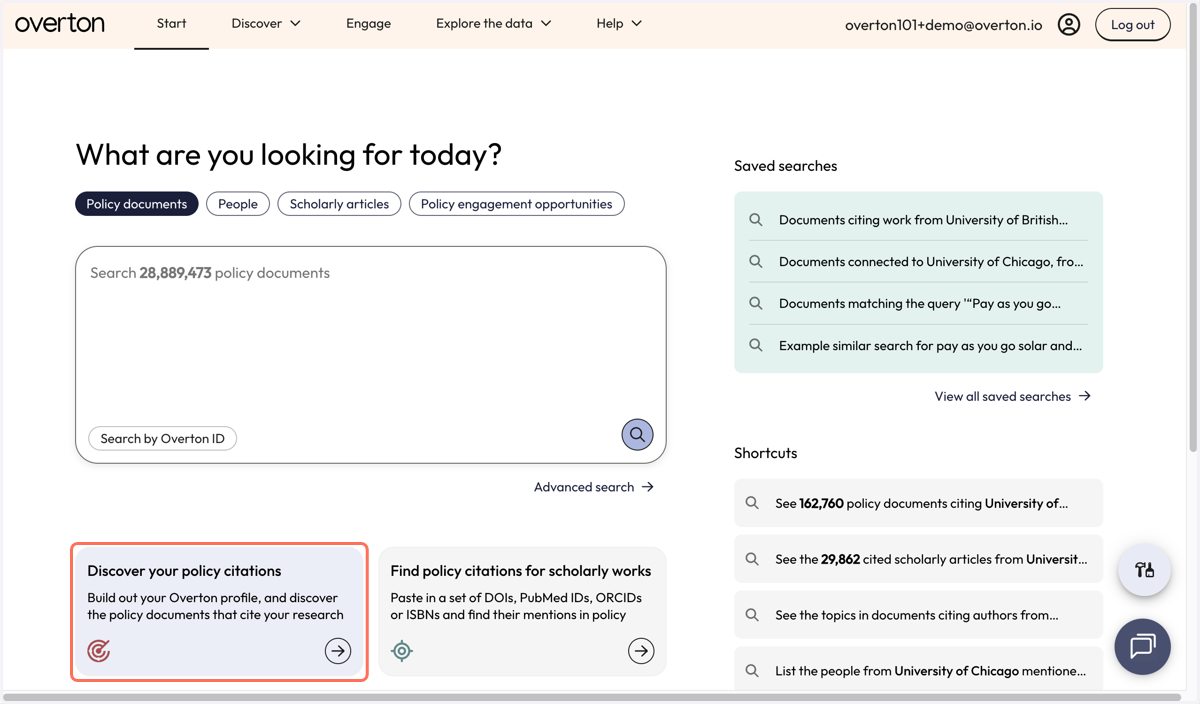 From the 'Start page', click on 'Discover your policy citations' to build your Overton profile and find policy documents citing your work.