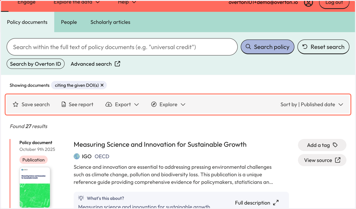 Use the action bar to save a search, generate a summary report*, export* or explore further.
