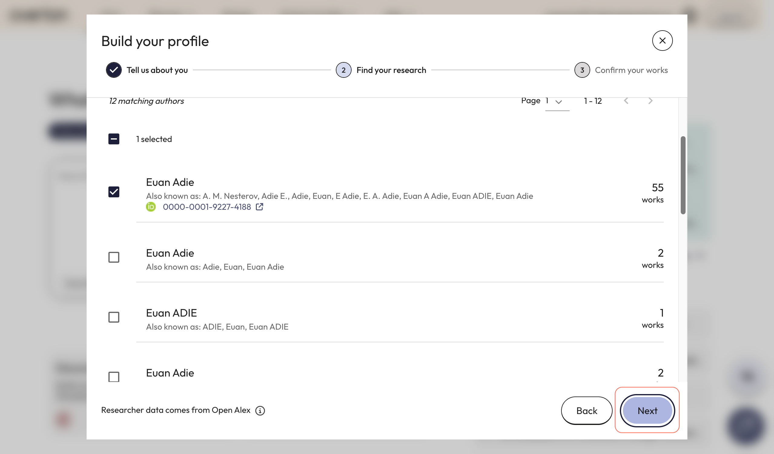 Click the checkbox beside the relevant profile results and click 'Next' to continue setup.