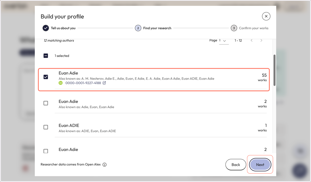 Click the checkbox beside the relevant profile results and click 'Next' to continue setup.