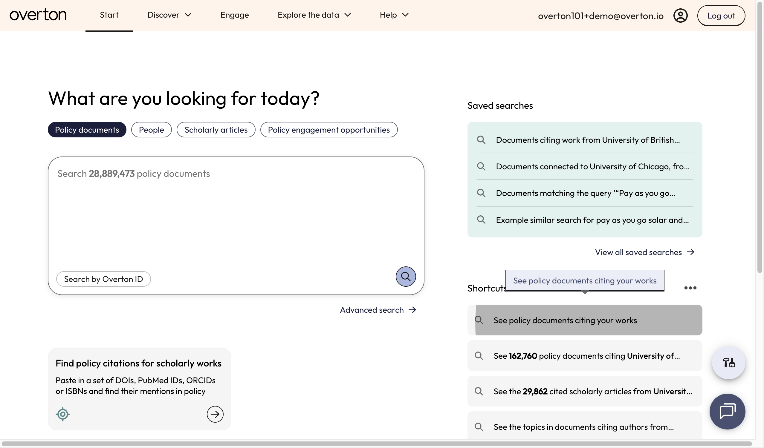 To search with your Overton profile in the future, you can find a newly created search shortcut on the 'Start' page called 'See policy citing your works'.