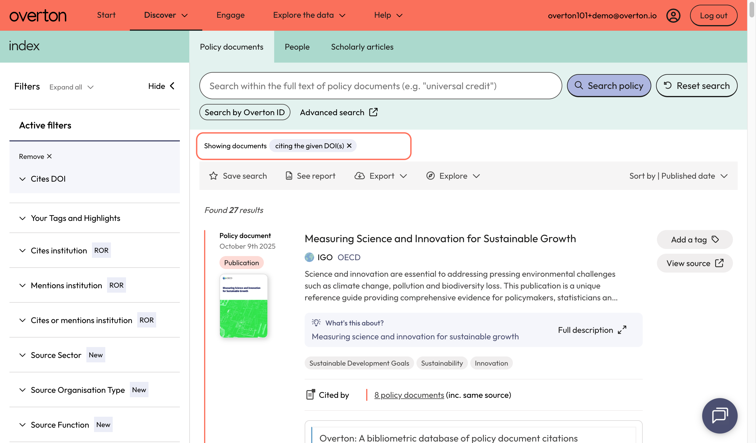 Your results appear on the 'Policy Documents' page and show policy documents that cite articles from your now complete, Overton profile.