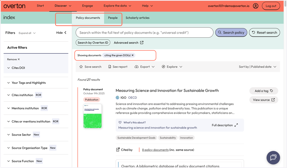 Your results appear on the 'Policy Documents' page and show policy documents that cite articles from your now complete, Overton profile.