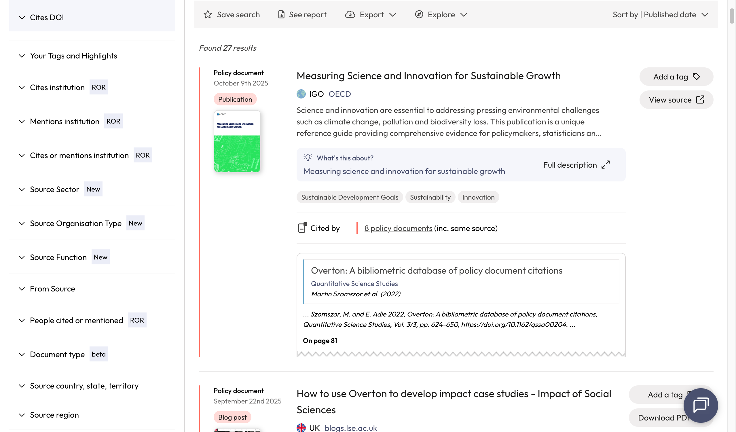Each policy document result displays the cited article and author from your institution and information about the citation from the full-text.