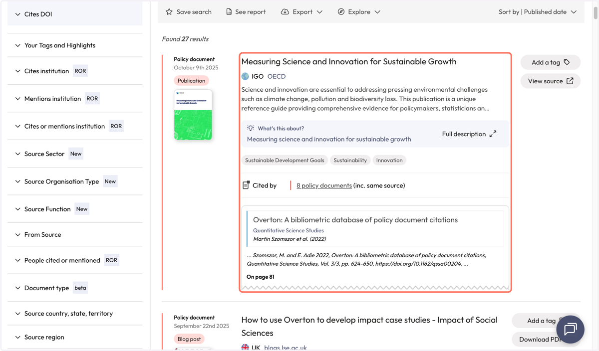 Each policy document result displays the cited article and author from your institution and information about the citation from the full-text.