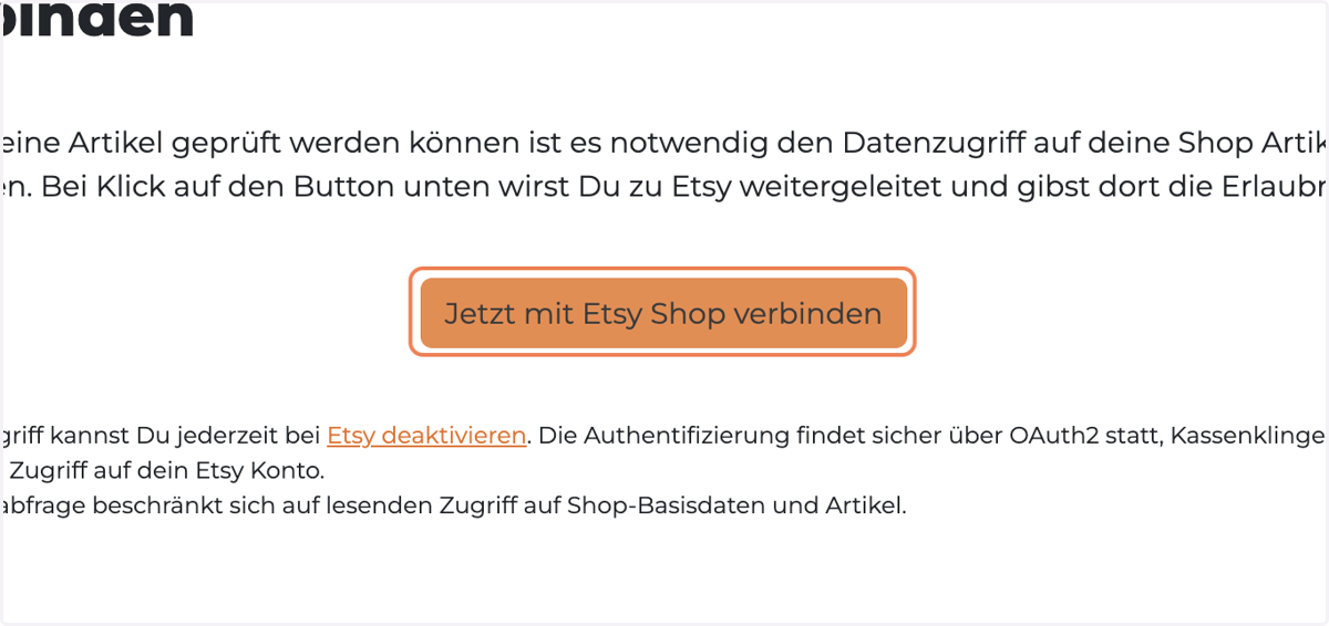 Klicke auf „Jetzt mit Etsy Shop verbinden“