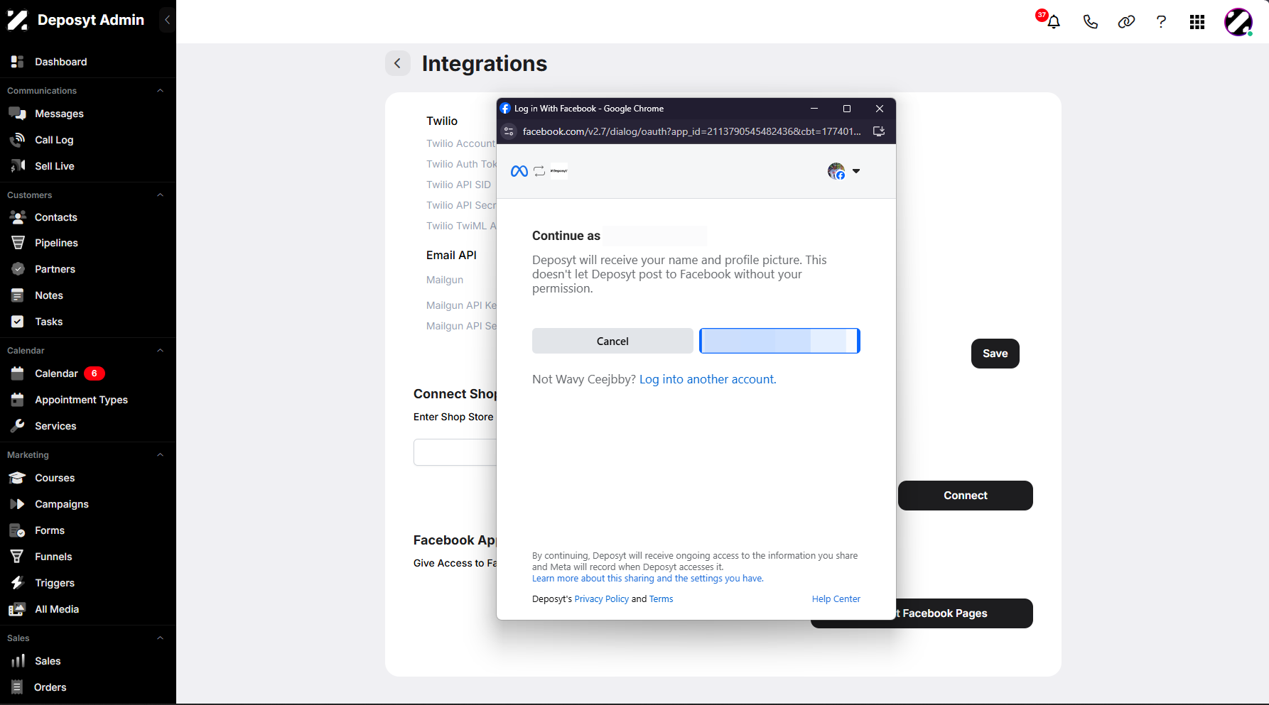 Step 6: A pop-up window will appear asking you to log in to your Facebook account if you are not already logged in. If you are, simply click Continue as Your Facebook Name. Once connected, chats can flow both ways—from Facebook to the CRM and from the CRM to Facebook.