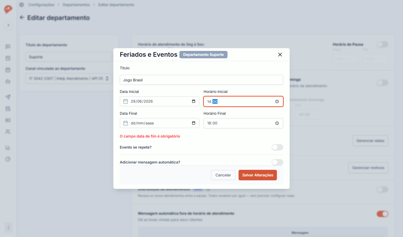 A. Defina a data e horário inicial B. Defina a data e horário final