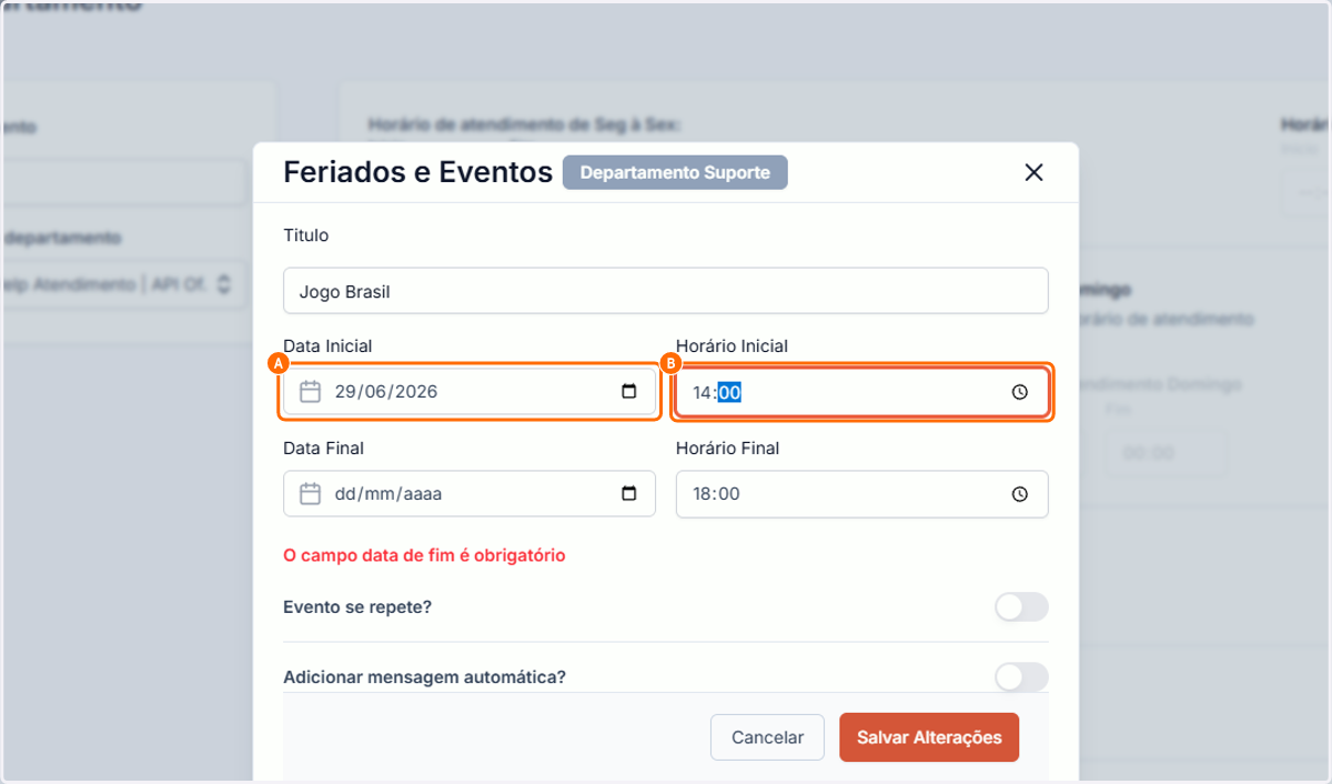 A. Defina a data e horário inicial B. Defina a data e horário final