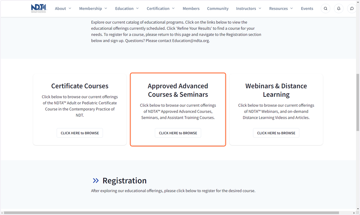 Scroll down to the Approved Advanced Courses and Seminars card and the Webinars and Distance Learning cards to browse the all other NDTA continuing education course offerings.