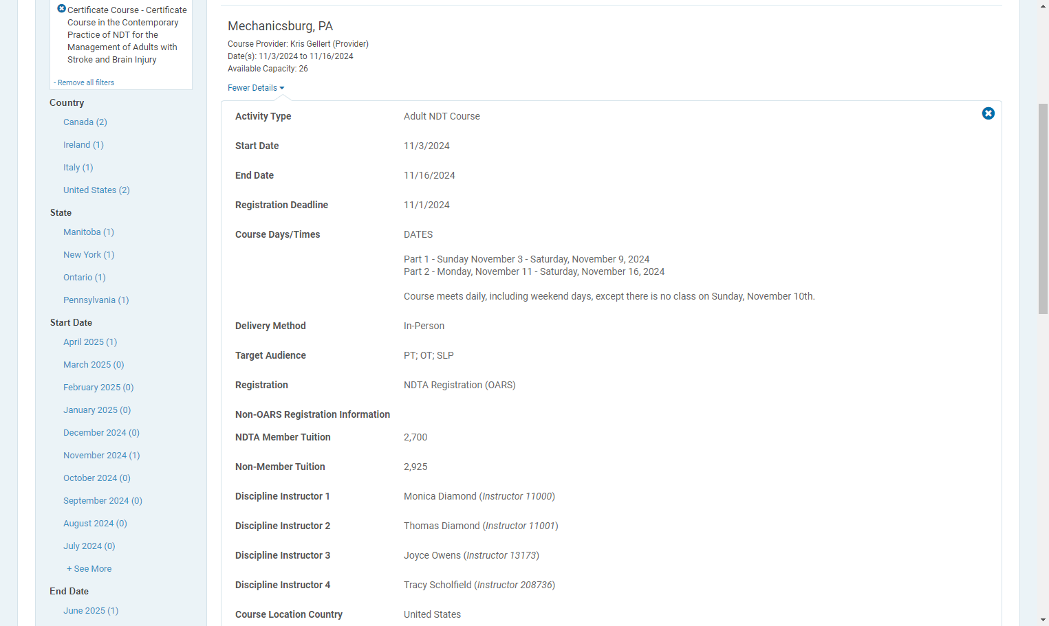 When More Details is expanded you can see the dates, location, registration details, and instructors for each course offering.