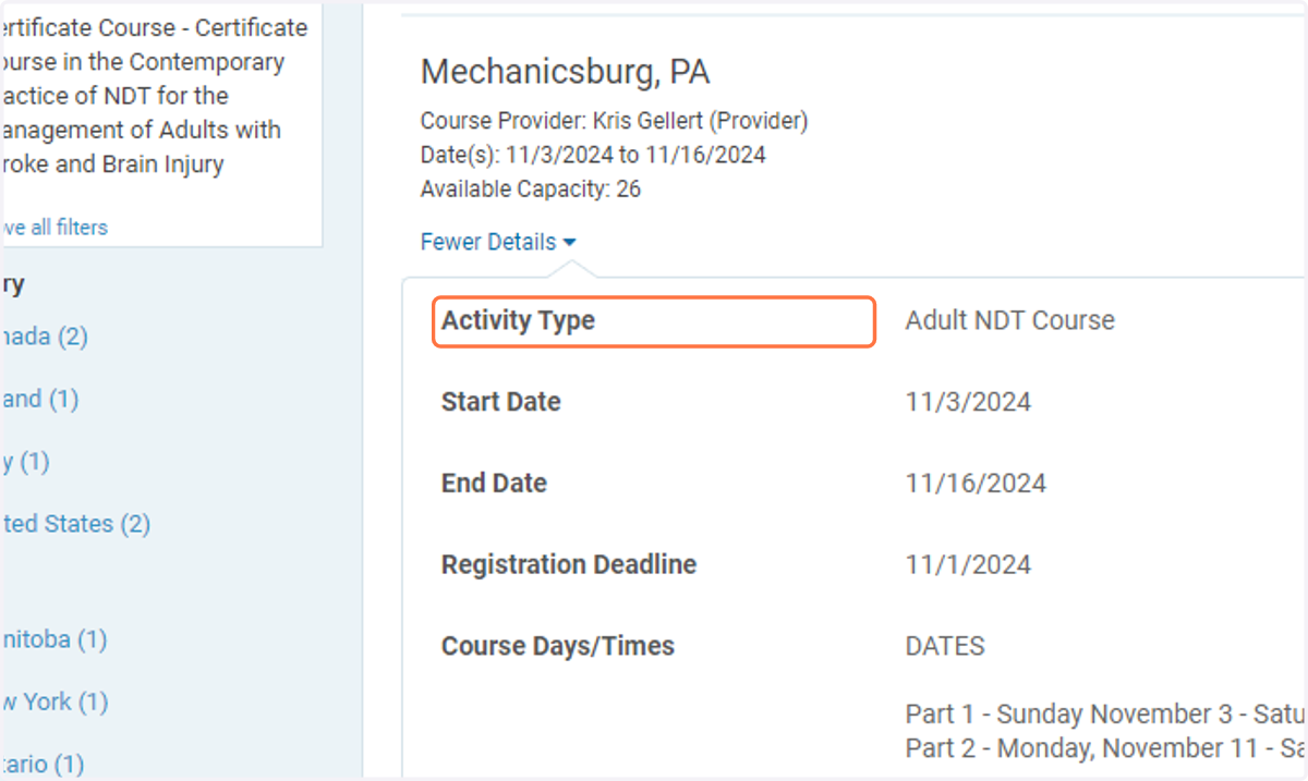 When More Details is expanded you can see the dates, location, registration details, and instructors for each course offering.