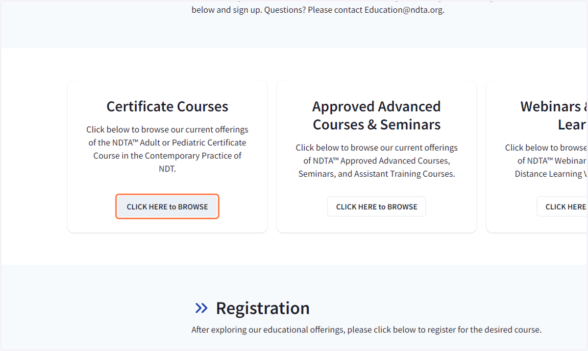 To browse NDTA Certificate Course offerings click CLICK HERE to BROWSE on the Certificate Courses card.