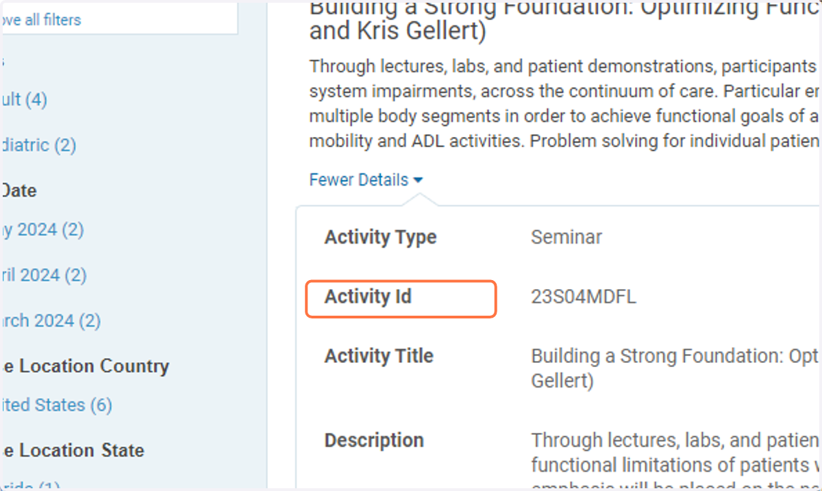 When More Details is expanded you can see the dates, location, registration details, and instructors for each course offering.