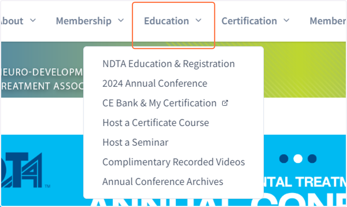 Hover over "Education" in the menu options across the top of the page