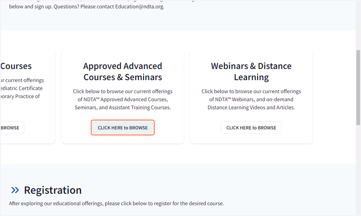 To browse Approved Advanced Course, Seminar, Webinar, or Distance Learning offerings, click CLICK HERE to BROWSE on the either the Approved Advanced Courses and Seminars card or the Webinars and Distance Learning Card.