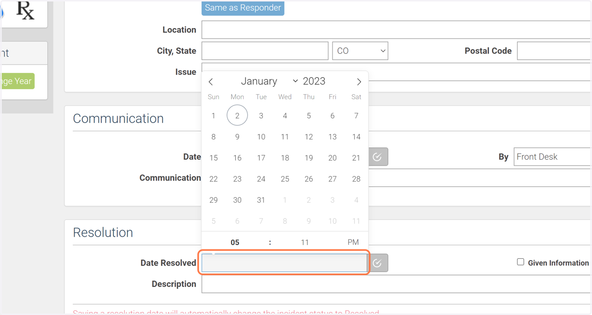 If the call is resolved, select the date of which it was resolved.