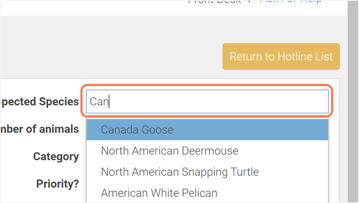 Start typing to find the suspected species.