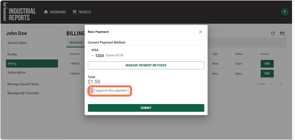 A popup window will display the default payment method. You can proceed by checking "I approve this payment" and then click "SUBMIT".