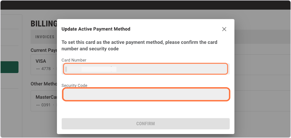 In the popup window enter the card number and security code to confirm the payment method.
