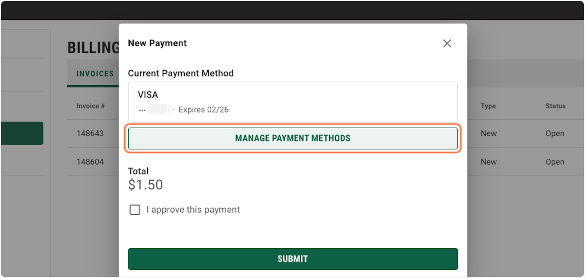 If you would like to change your payment method, click "MANAGE PAYMENT METHODS".
