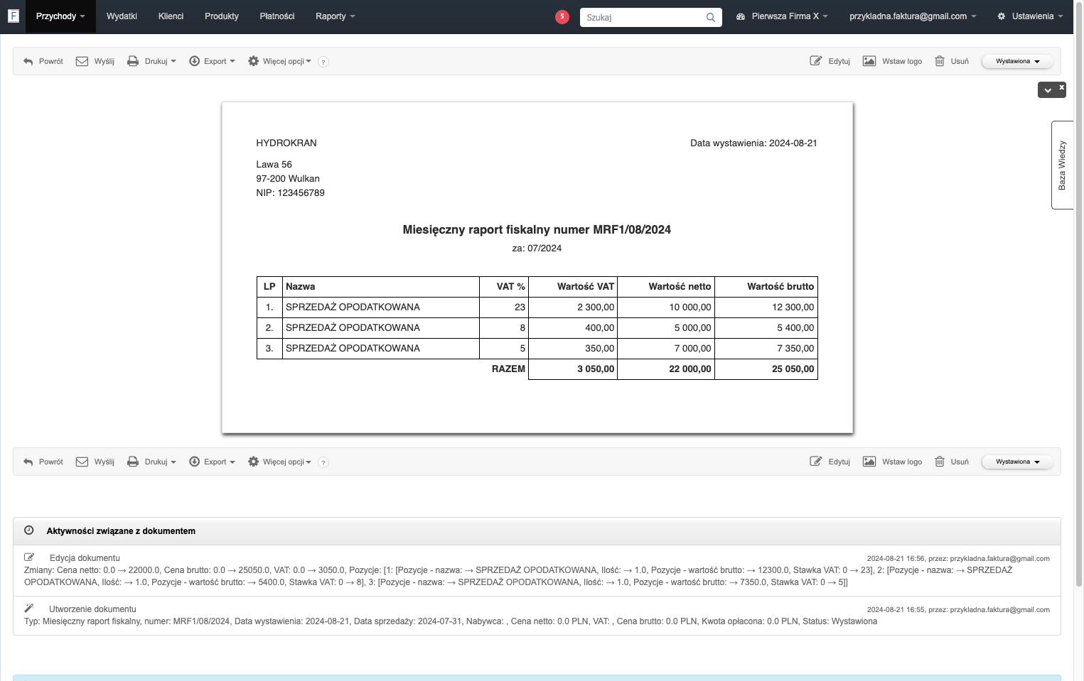 System wygenerował Miesięczny raport fiskalny zgodnie z informacjami, które podano w formularzu.