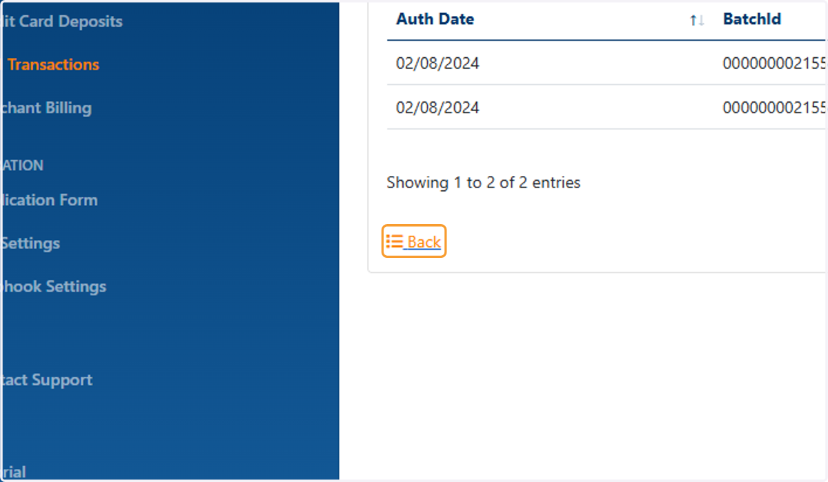 Click on Back to Return to the list of deposits