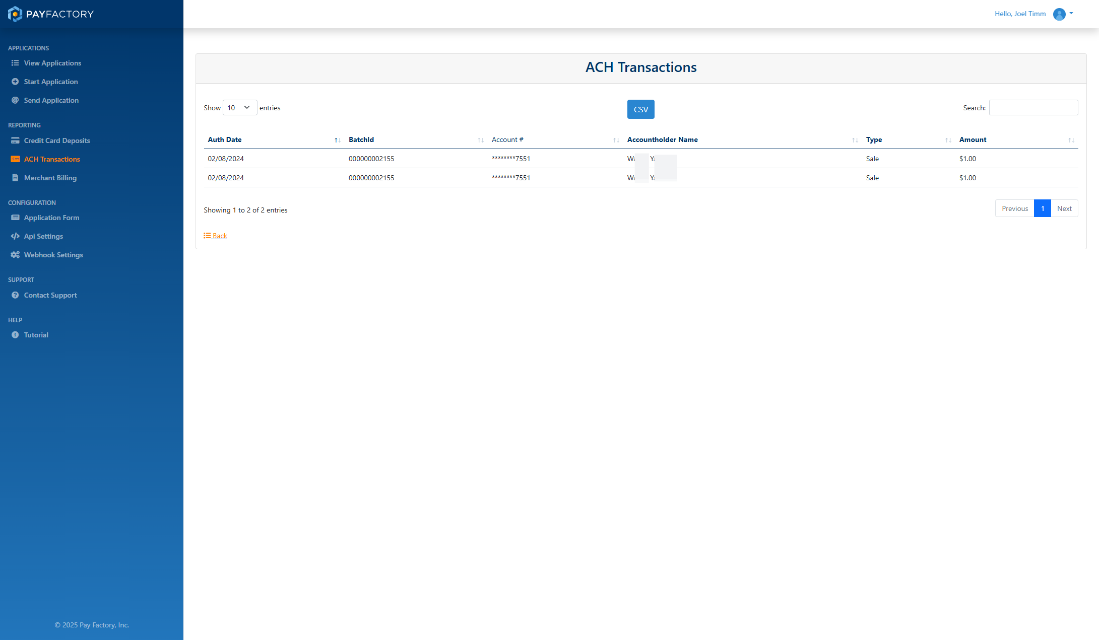 List of Names and Transactions in that Deposit
