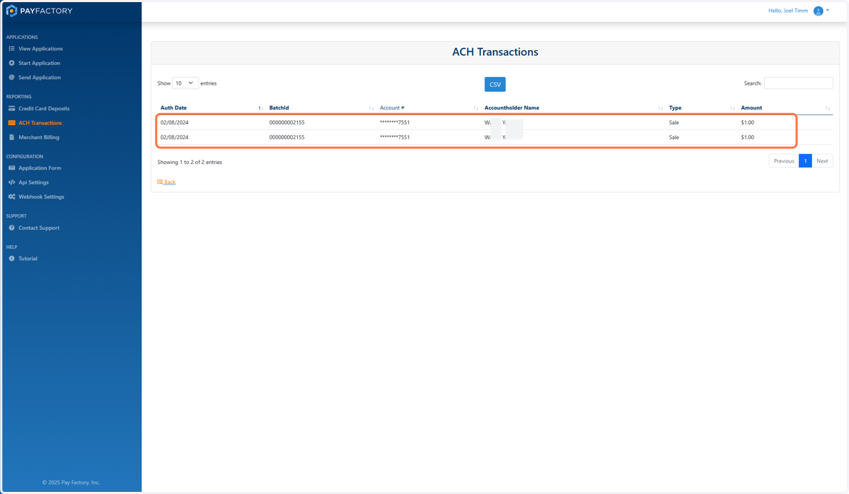 List of Names and Transactions in that Deposit