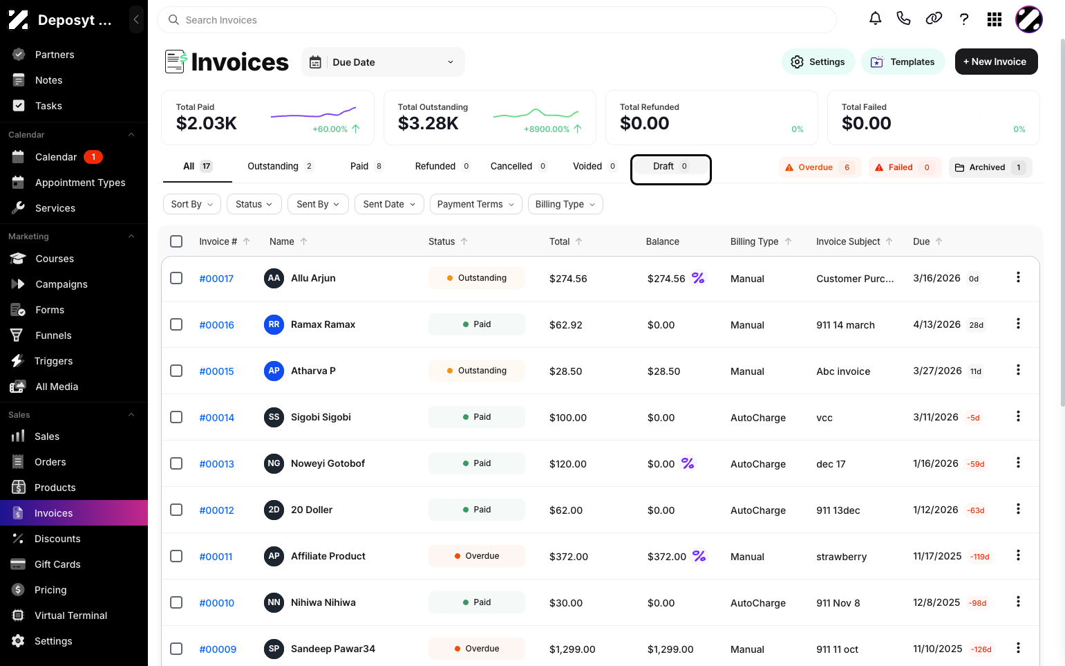 Step 3: Click the Draft button next to the Voided button. Your view will now display all Draft Invoices.