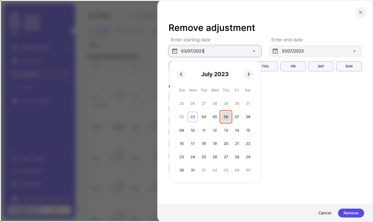 Choose the dates where you would like to remove fixed price adjustments