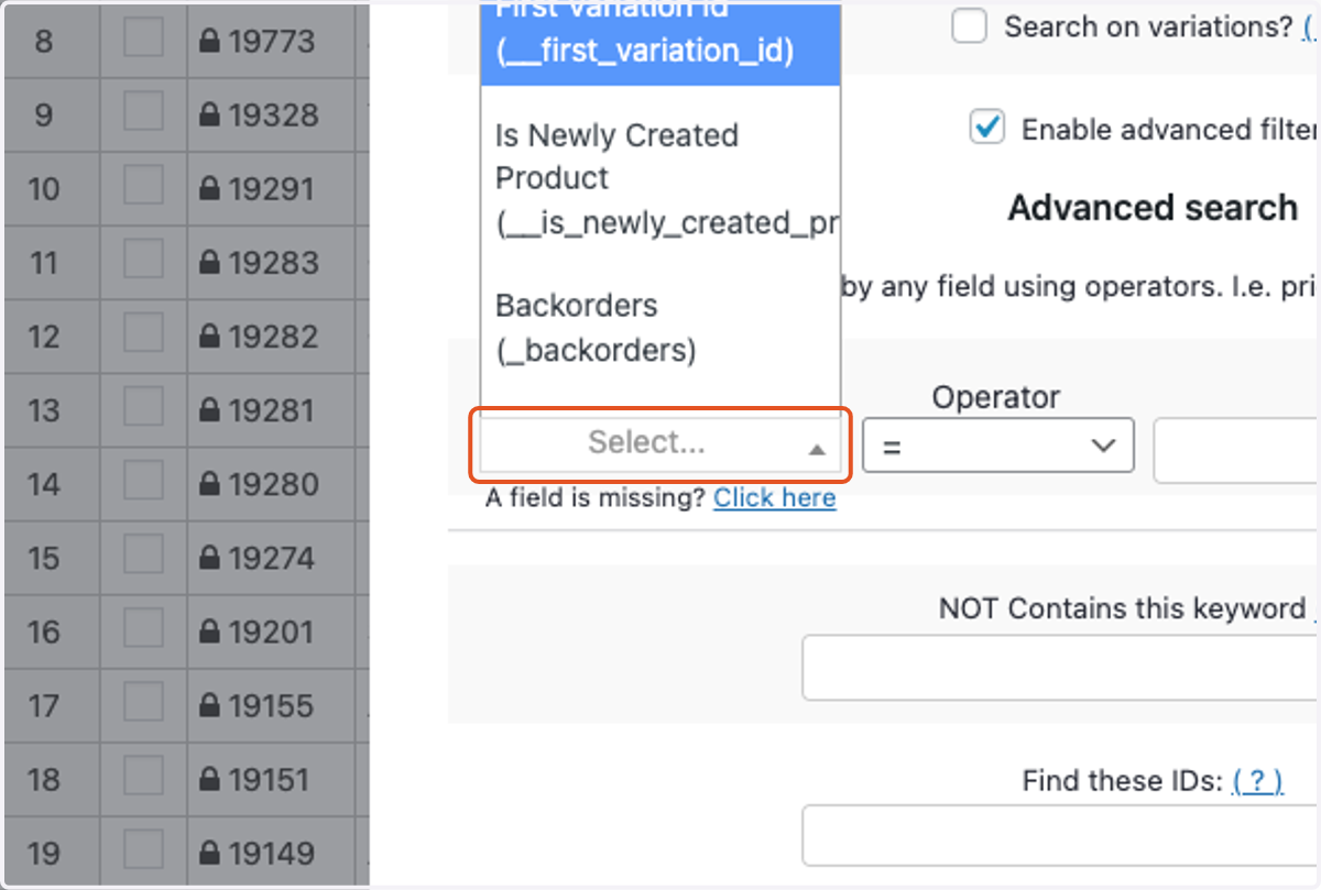 Click on the Field dropdown.