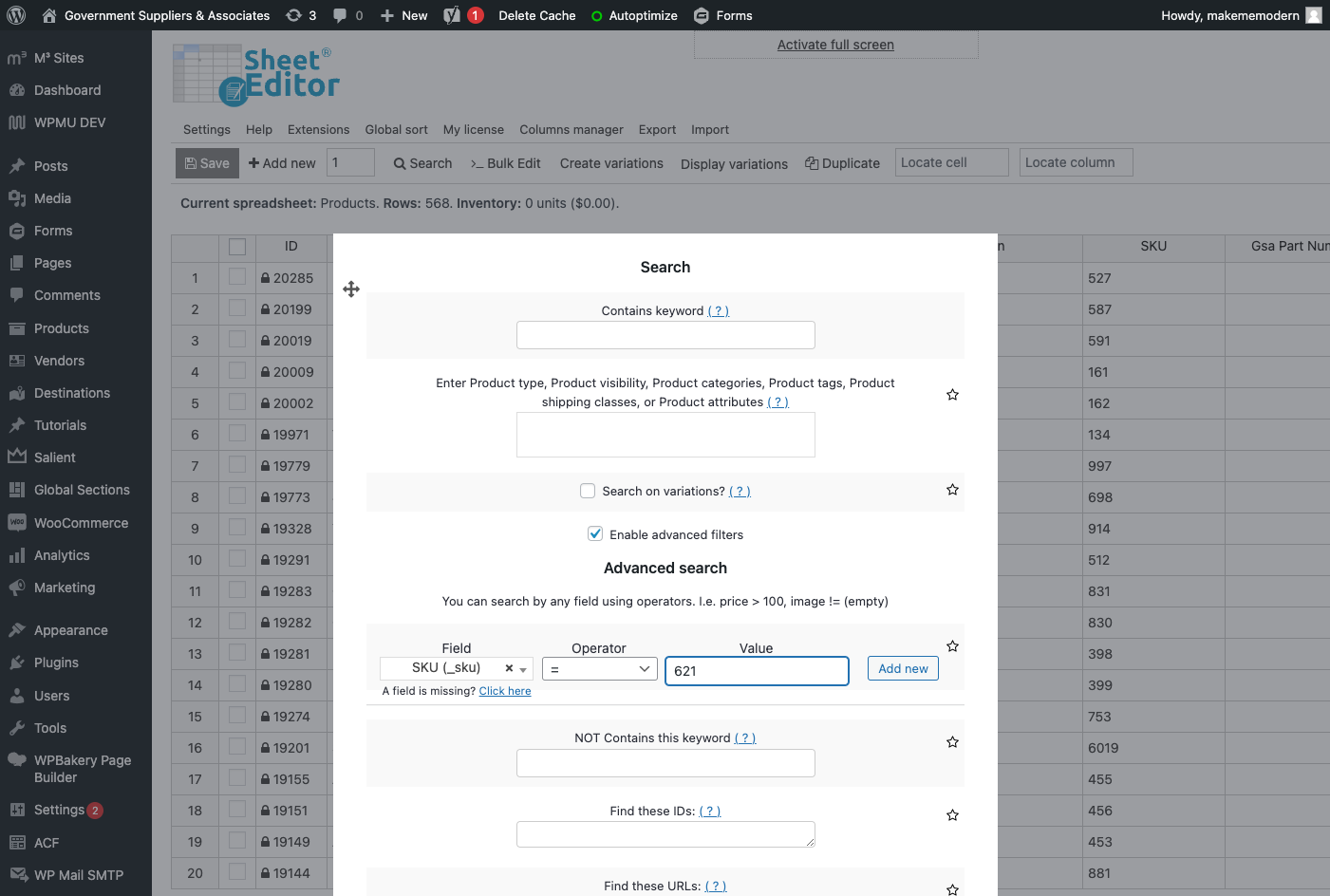 Type the SKU you are searching for in the Value field.
